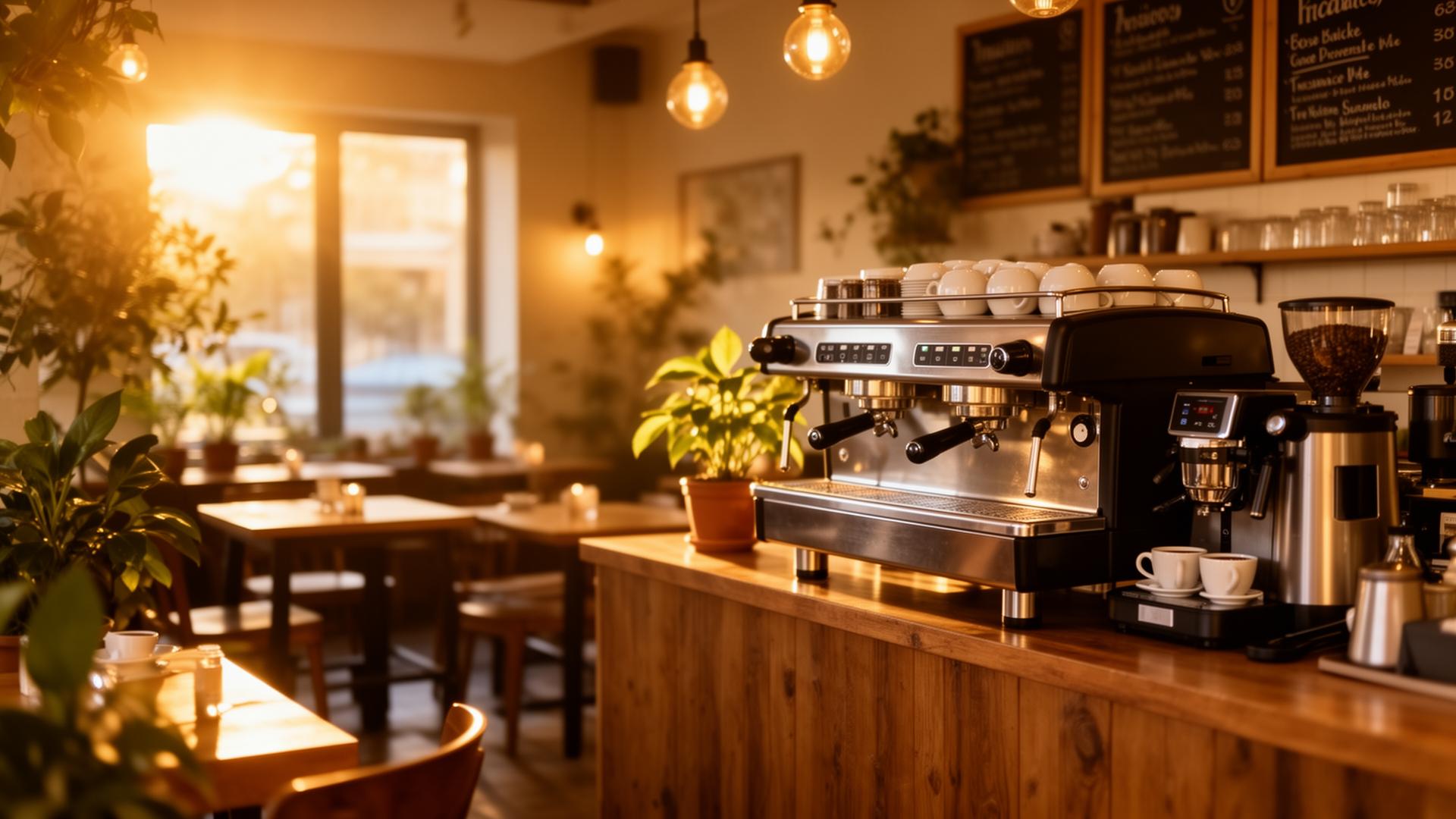 Cozy interior of Empire Cafe with espresso machine and warm lighting